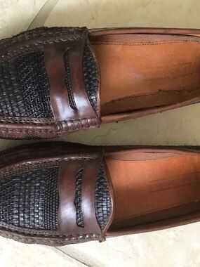 Brown & Black Woven Leather Penny Loafers for Men